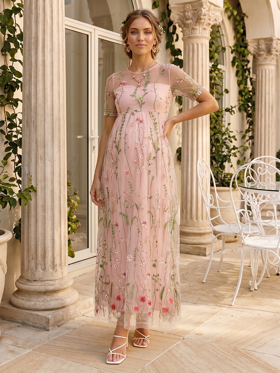 Lavetir A-Line/Princess Boat Neck Short Sleeves Ankle-Length Maternity Wedding Guest Dresses With Floral Print 2026