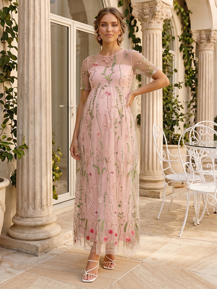 A-Line/Princess Boat Neck Short Sleeves Ankle-Length Maternity Wedding Guest Dresses With Floral Print