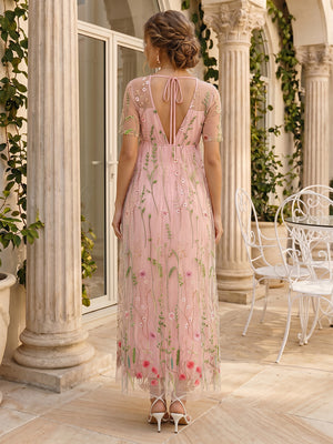 A-Line/Princess Boat Neck Short Sleeves Ankle-Length Maternity Wedding Guest Dresses With Floral Print