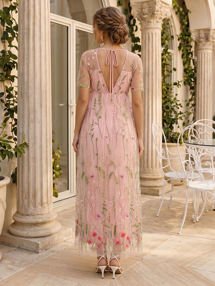 A-Line/Princess Boat Neck Short Sleeves Ankle-Length Maternity Wedding Guest Dresses With Floral Print