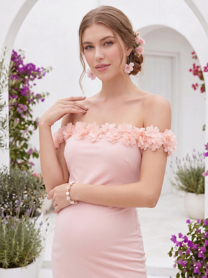 Trumpet/Mermaid Sleeveless Off the Shoulder Tea-Length Maternity Wedding Guest Dresses With 3D Floral