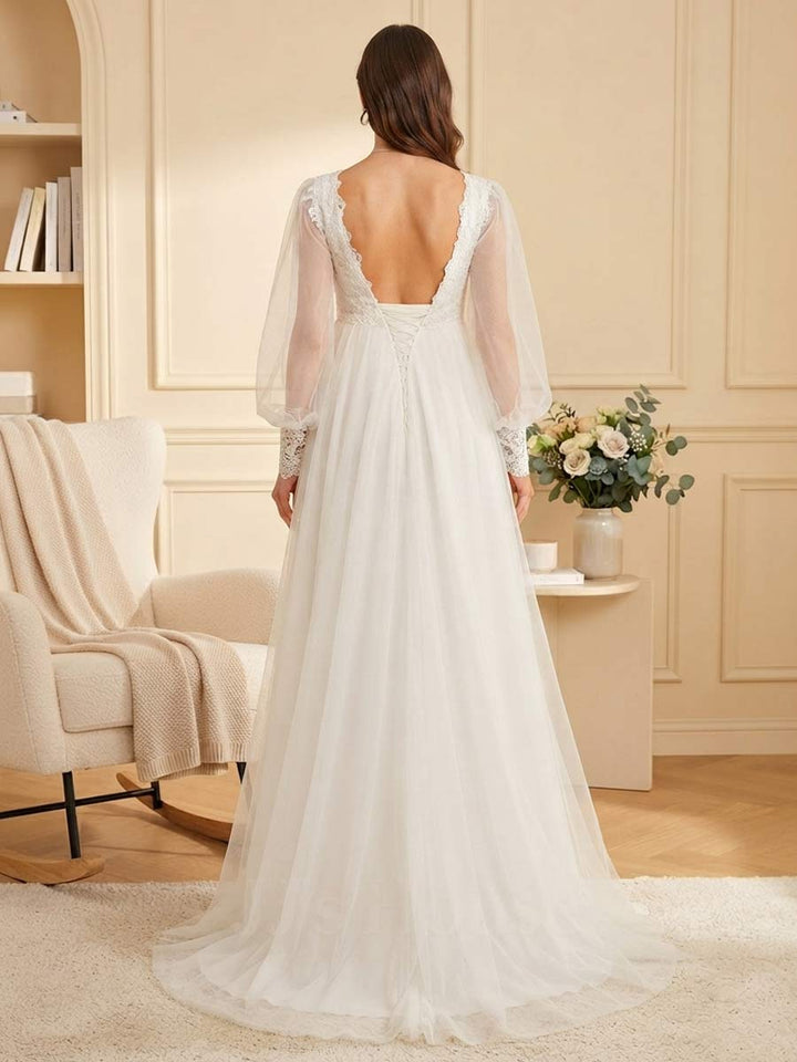 A-Line/Princess V-Neck Long Sleeves Sweep Train Lace Maternity Wedding Dresses with Applique