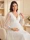 A-Line/Princess V-Neck Long Sleeves Sweep Train Lace Maternity Wedding Dresses with Applique