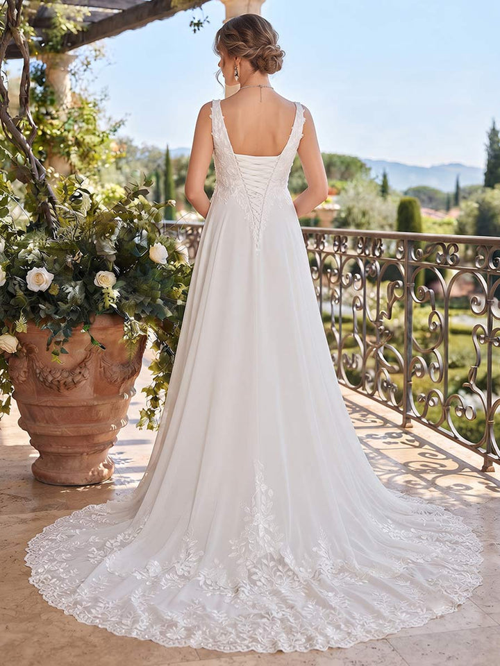 A-Line/Princess V-Neck Sleeveless Sweep Train Lace Maternity Wedding Dresses with Applique