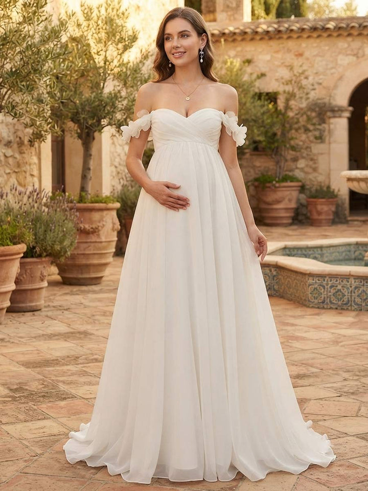 A-Line/Princess  Off the Shoulder Sleeveless Sweep train Maternity Wedding Dresses With 3D Floral