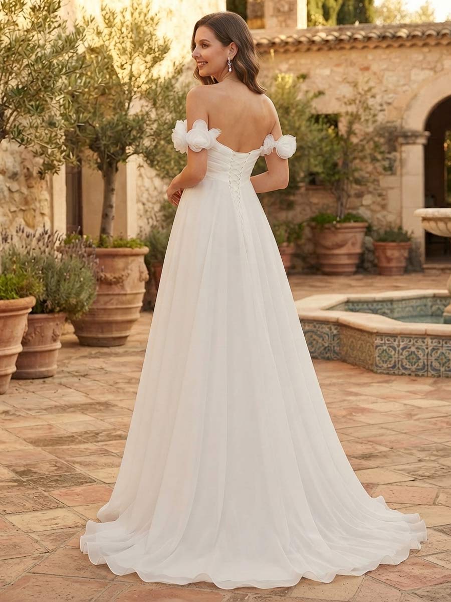 A-Line/Princess  Off the Shoulder Sleeveless Sweep train Maternity Wedding Dresses With 3D Floral