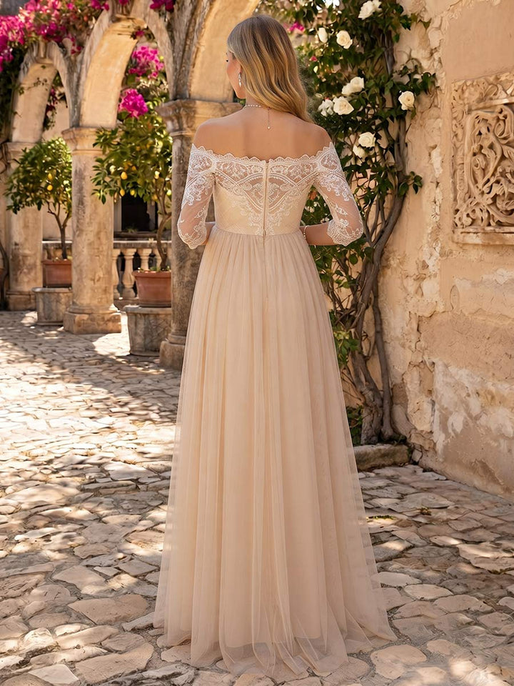 A-Line/Princess  Off the Shoulder 3/4 Sleeves Sweep train Maternity Wedding Dresses With Lace