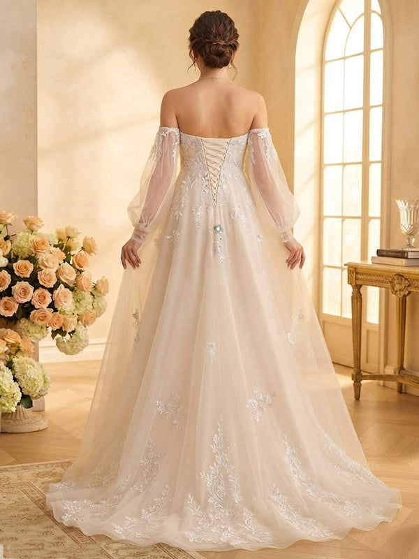 A-Line/Princess Strapless Long Sleeves Sweep Train Maternity Wedding Dresses with Removable Sleeves