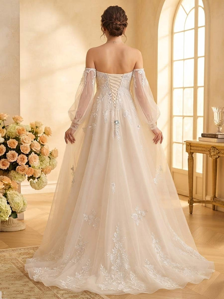 A-Line/Princess Strapless Long Sleeves Sweep Train Maternity Wedding Dresses with Removable Sleeves