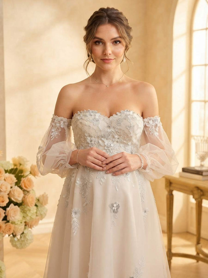 A-Line/Princess Strapless Long Sleeves Sweep Train Maternity Wedding Dresses with Removable Sleeves
