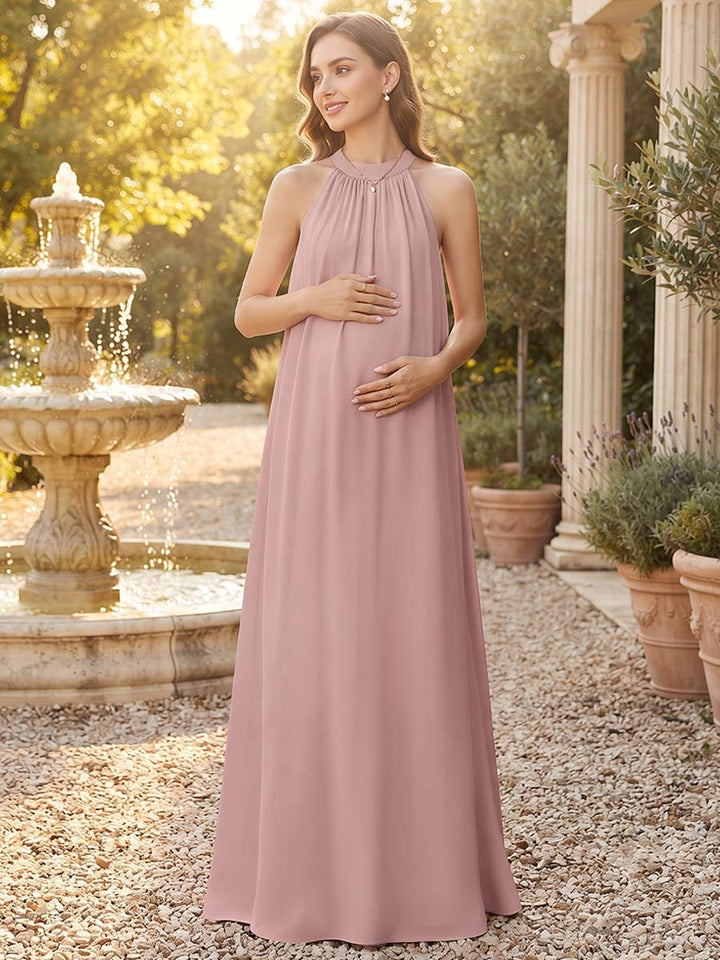 A-Line/Princess Halter Sleeveless Floor-Length Maternity Bridesmaid Dresses with Scarf &amp; Pleats