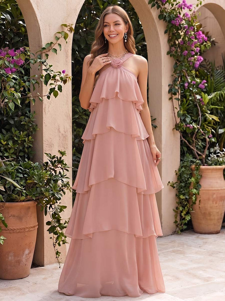 A-Line/Princess Halter Sleeveless Floor-Length Maternity Bridesmaid Dresses With Ruffles &amp; 3D Floral