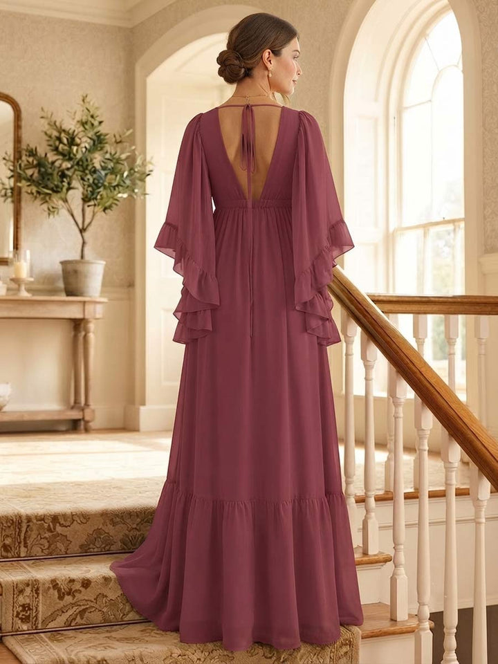A-Line/Princess V-Neck 3/4 Sleeves Floor-Length Maternity Bridesmaid Dresses With Ruffle