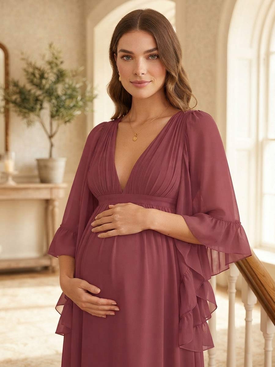 A-Line/Princess V-Neck 3/4 Sleeves Floor-Length Maternity Bridesmaid Dresses With Ruffle