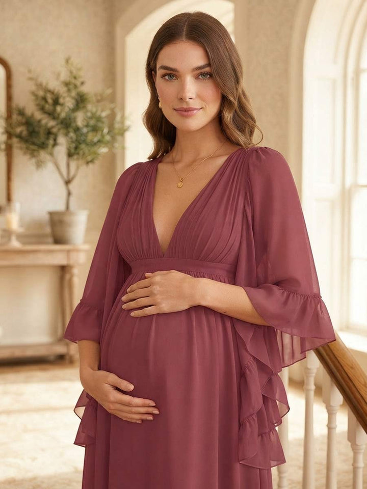 A-Line/Princess V-Neck 3/4 Sleeves Floor-Length Maternity Bridesmaid Dresses With Ruffle