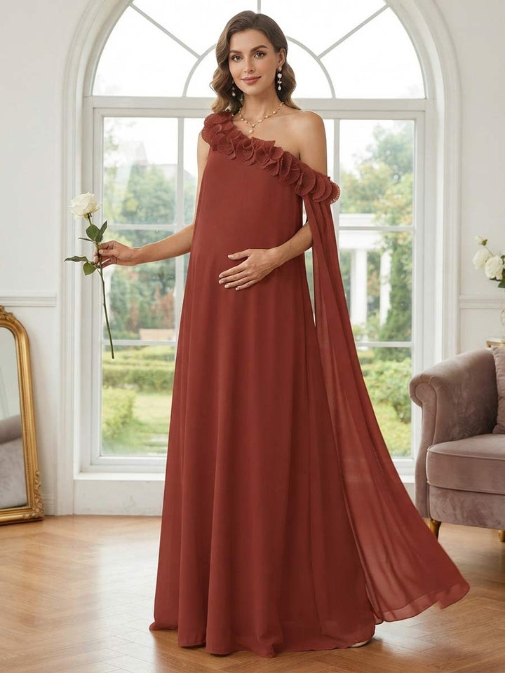 A-Line/Princess One Shoulder Asymmetrical Floor-Length Maternity Bridesmaid Dresses With Ruffles
