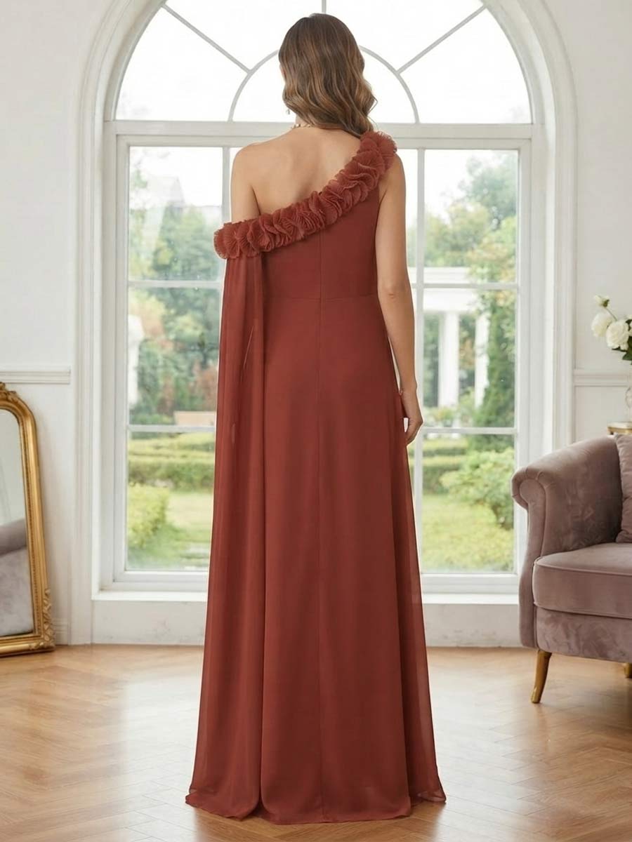 A-Line/Princess One Shoulder Asymmetrical Floor-Length Maternity Bridesmaid Dresses With Ruffles