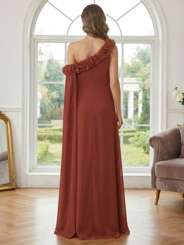A-Line/Princess One Shoulder Asymmetrical Floor-Length Maternity Bridesmaid Dresses With Ruffles
