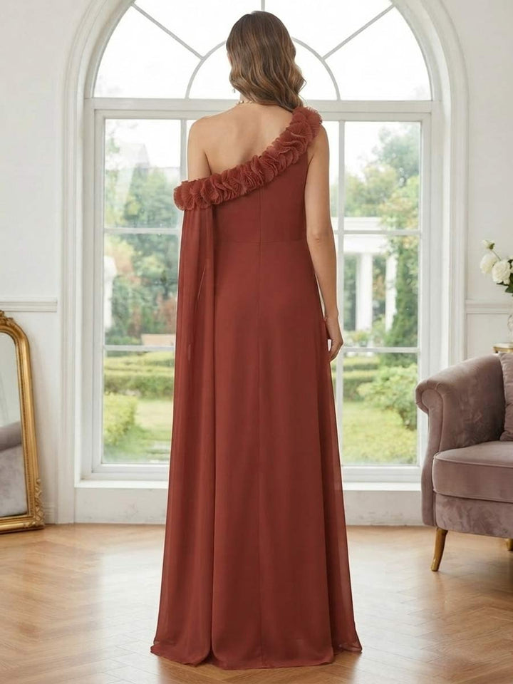 A-Line/Princess One Shoulder Asymmetrical Floor-Length Maternity Bridesmaid Dresses With Ruffles