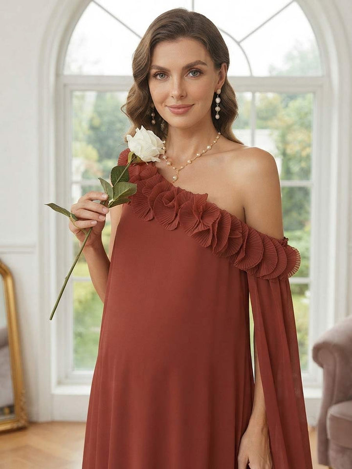 A-Line/Princess One Shoulder Asymmetrical Floor-Length Maternity Bridesmaid Dresses With Ruffles