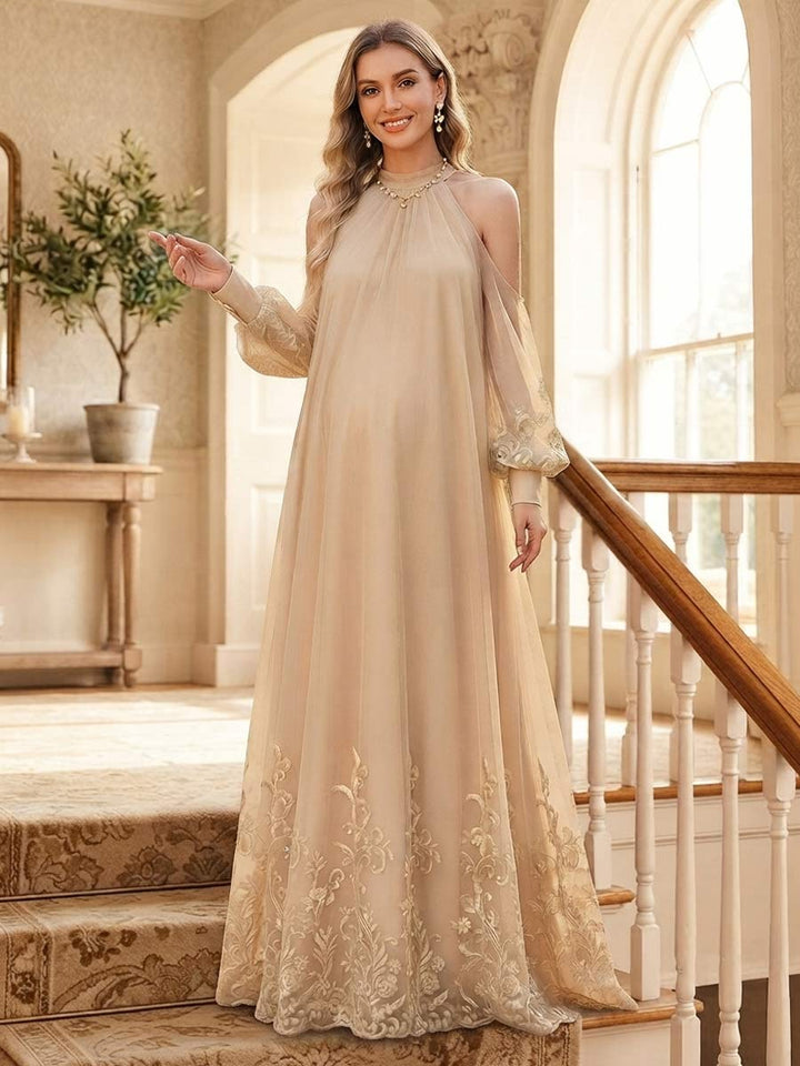 A-Line/Princess Halter Long Sleeves Floor-Length Wedding Guest Dresses with Appliques &amp; Lace