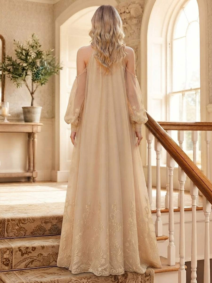 A-Line/Princess Halter Long Sleeves Floor-Length Wedding Guest Dresses with Appliques &amp; Lace