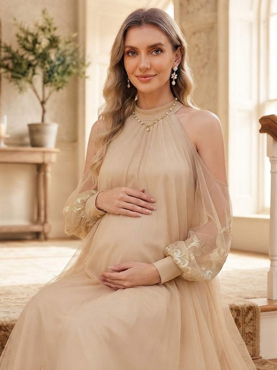 A-Line/Princess Halter Long Sleeves Floor-Length Wedding Guest Dresses with Appliques &amp; Lace