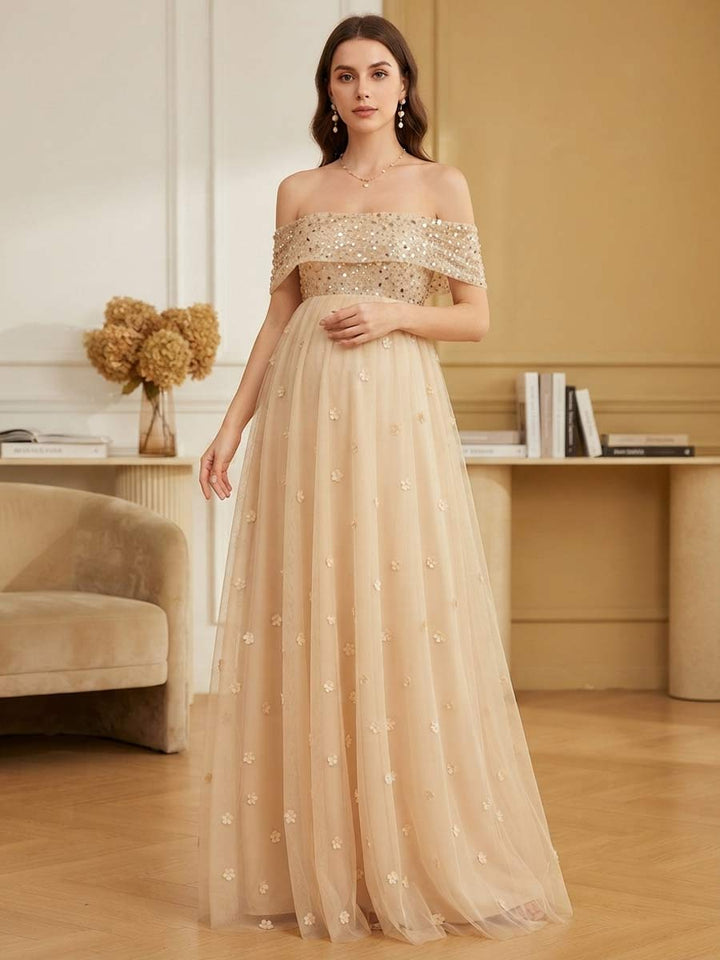 A-Line/Princess Off the Shoulder Sleeveless Floor-Length Wedding Guest Dresses with Sequins