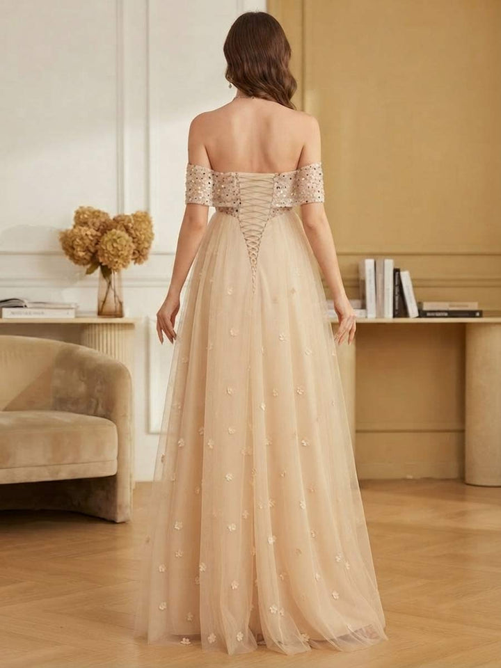 A-Line/Princess Off the Shoulder Sleeveless Floor-Length Wedding Guest Dresses with Sequins