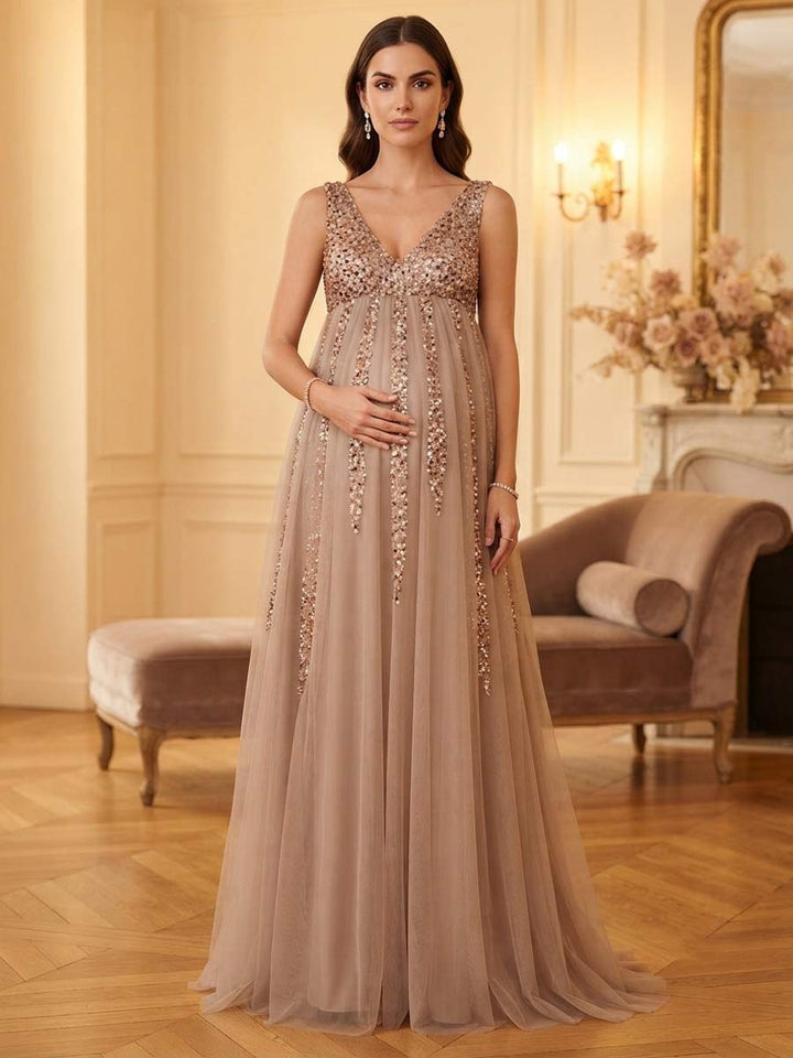 A-Line/Princess V-Neck Sleeveless Floor-Length Wedding Guest Dresses With Sequins