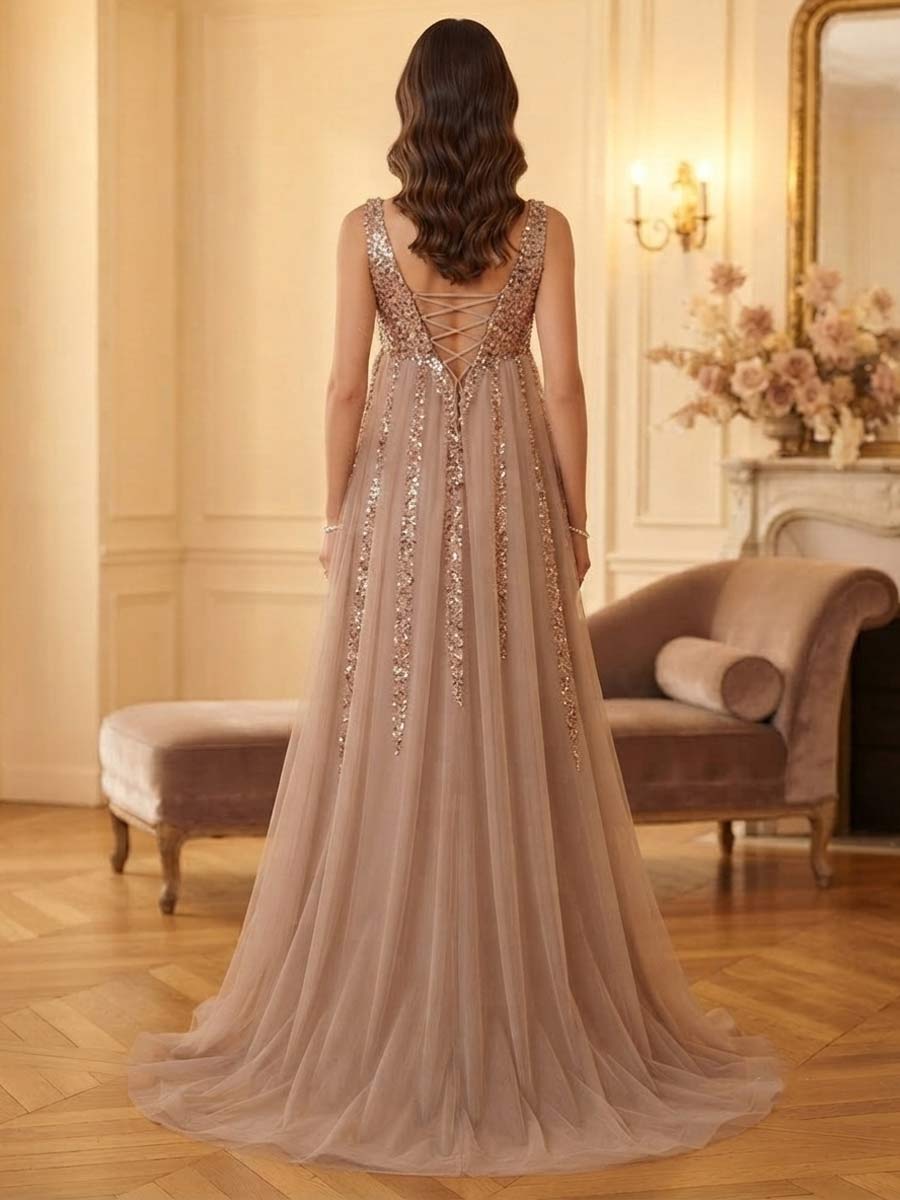 A-Line/Princess V-Neck Sleeveless Floor-Length Wedding Guest Dresses With Sequins