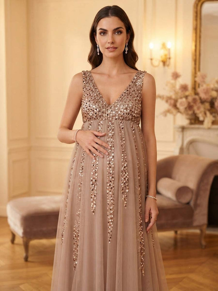 A-Line/Princess V-Neck Sleeveless Floor-Length Wedding Guest Dresses With Sequins
