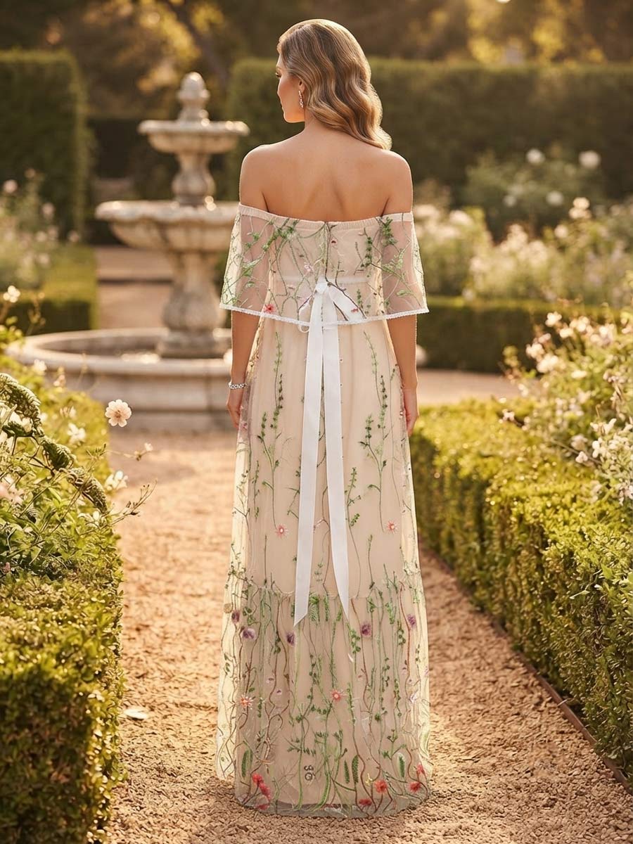 A-Line/Princess Off the Shoulder Half Sleeves Floor-Length Wedding Guest Dresses with Lace &amp; Floral