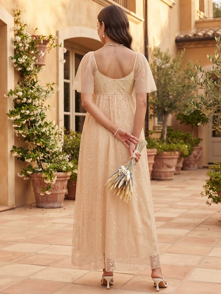 A-Line/Princess V Neck Short Sleeves Ankle-Length Wedding Guest Dresses with Lace