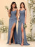 Sheath/Column Spaghetti Straps V-Neck Long Bridesmaid Dresses with Split Side