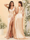 Sheath/Column V-Neck Sleeveless Long Ruched Bridesmaid Dresses with Split Side & Pleats