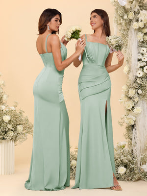Sheath/Column Spaghetti Straps Long Formal Dresses with Split Side & Ruched
