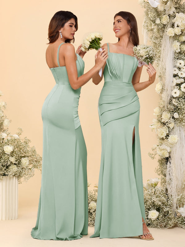 Sheath/Column Spaghetti Straps Long Formal Dresses with Split Side & Ruched