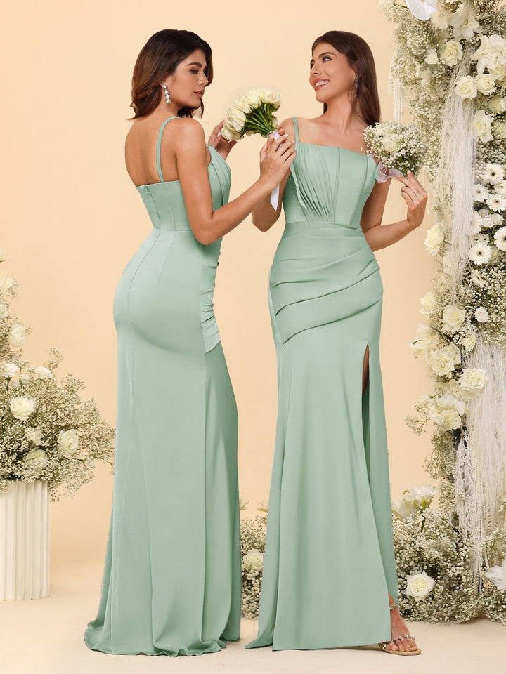 Sheath/Column Spaghetti Straps Long Formal Dresses with Split Side &amp; Ruched