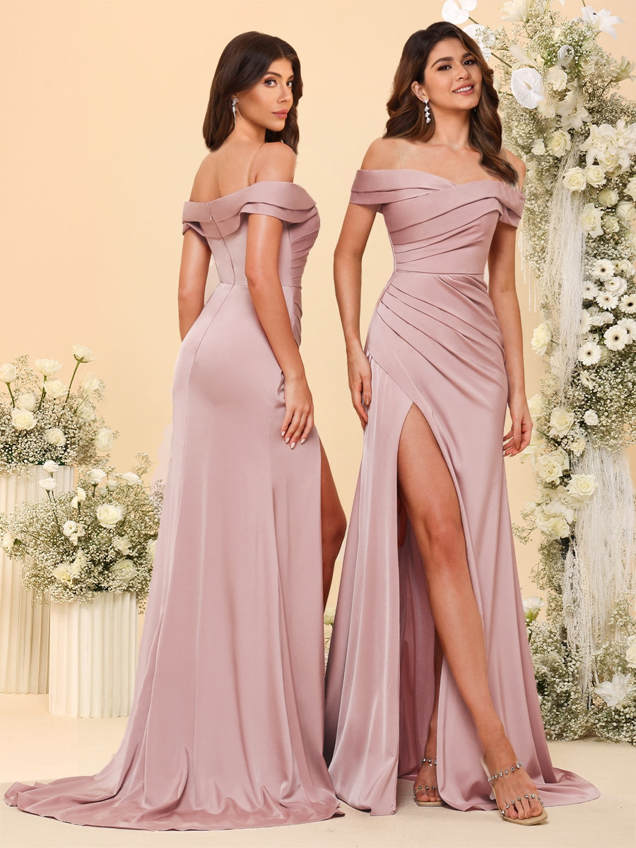 Sheath/Column Off-the-Shoulder Long Formal Dresses with Split Side &amp; Ruched