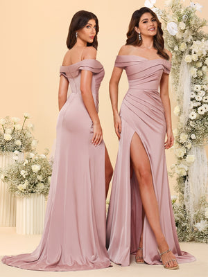 Sheath/Column Off-the-Shoulder Long Formal Dresses with Split Side & Ruched