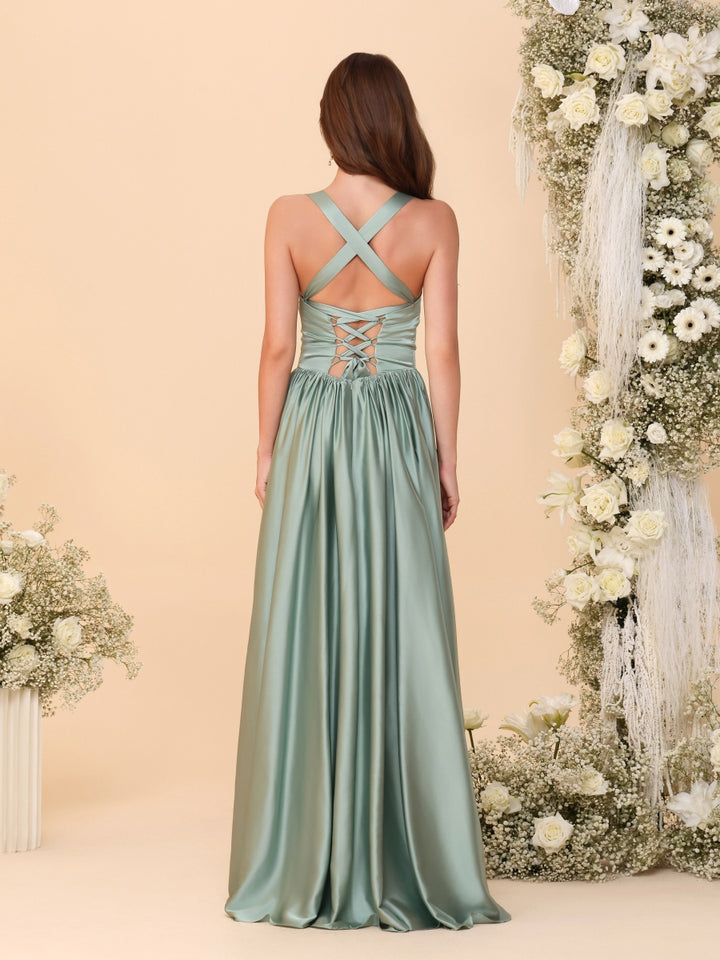 A-Line/Princess V-Neck Sleeveless Long Bridesmaid Dresses with Side Slit &amp; Pleats