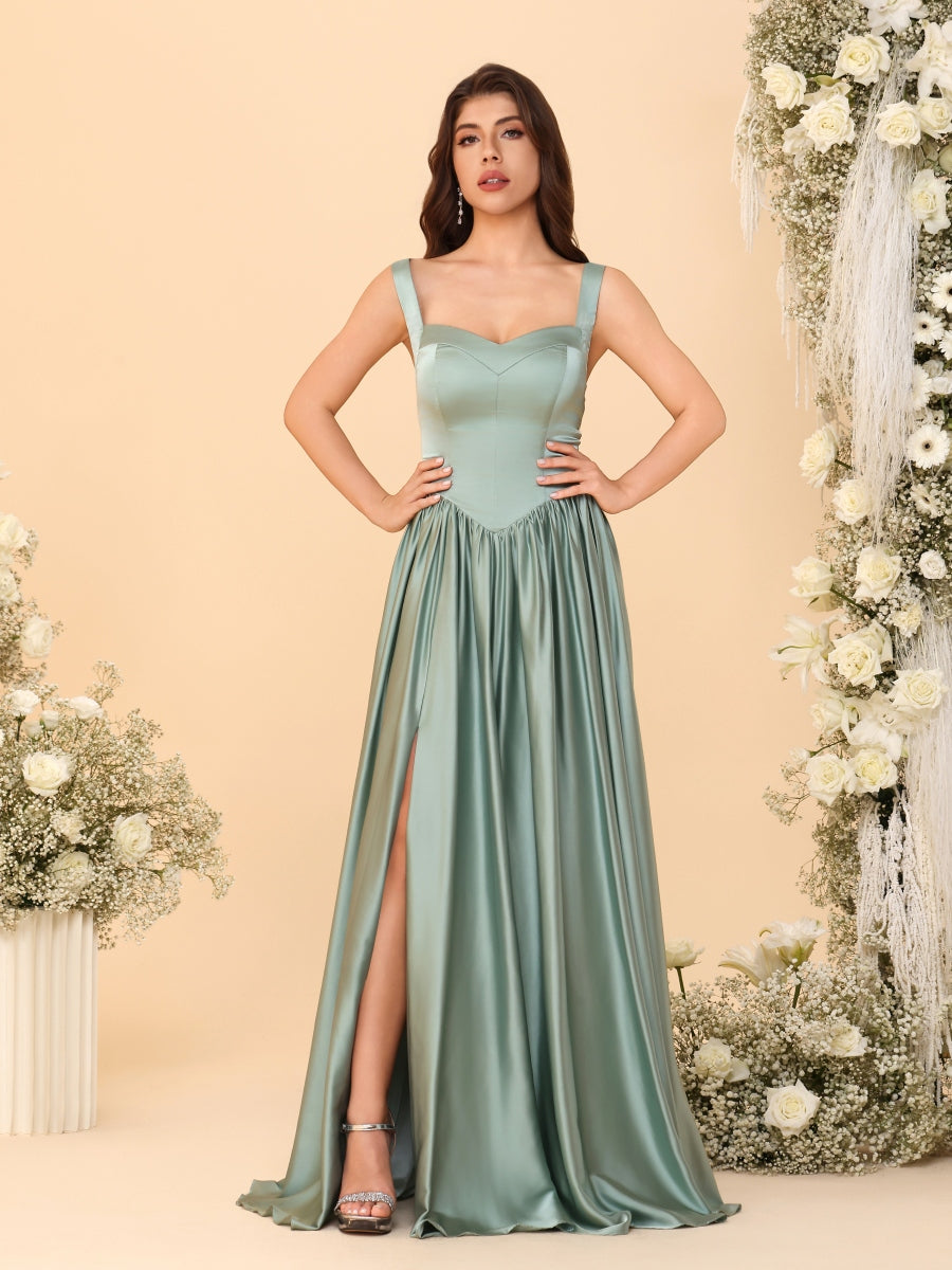 A-Line/Princess V-Neck Sleeveless Long Bridesmaid Dresses with Side Slit &amp; Pleats