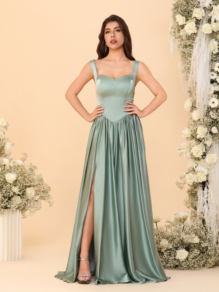 A-Line/Princess V-Neck Sleeveless Long Bridesmaid Dresses with Side Slit &amp; Pleats