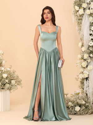 A-Line/Princess V-Neck Sleeveless Long Bridesmaid Dresses with Side Slit & Pleats