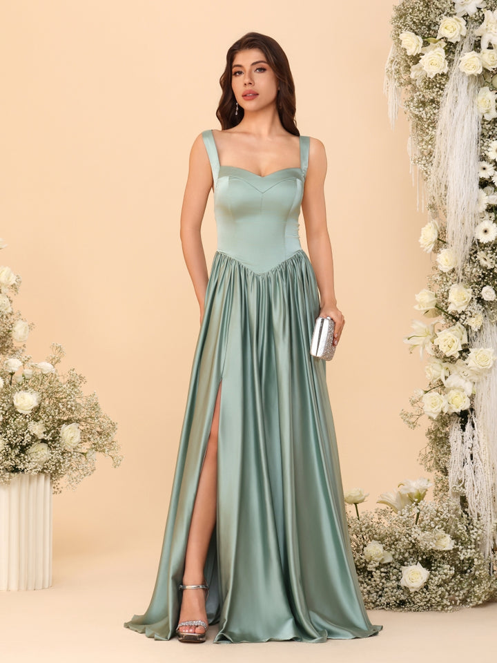 A-Line/Princess V-Neck Sleeveless Long Bridesmaid Dresses with Side Slit &amp; Pleats
