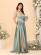 A-Line/Princess V-Neck Sleeveless Long Bridesmaid Dresses with Side Slit & Pleats