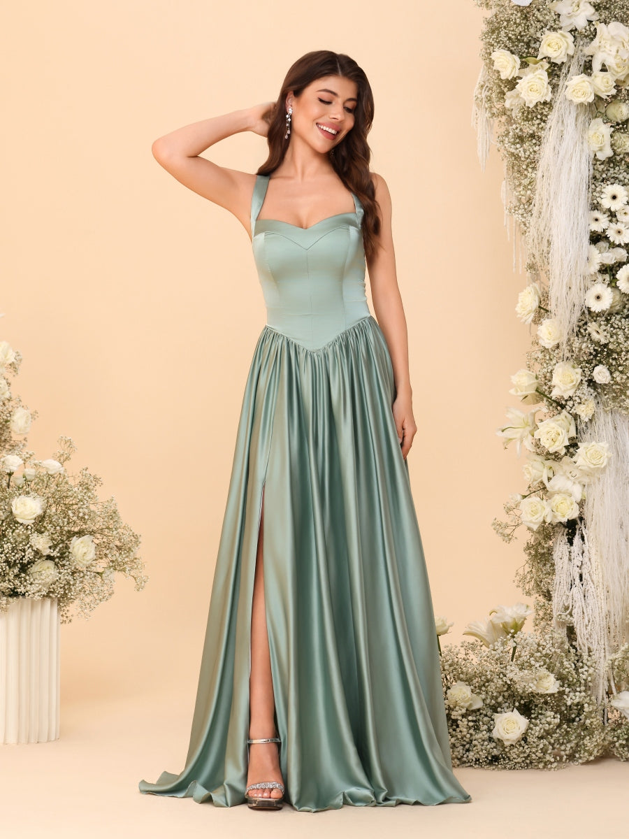 A-Line/Princess V-Neck Sleeveless Long Bridesmaid Dresses with Side Slit &amp; Pleats