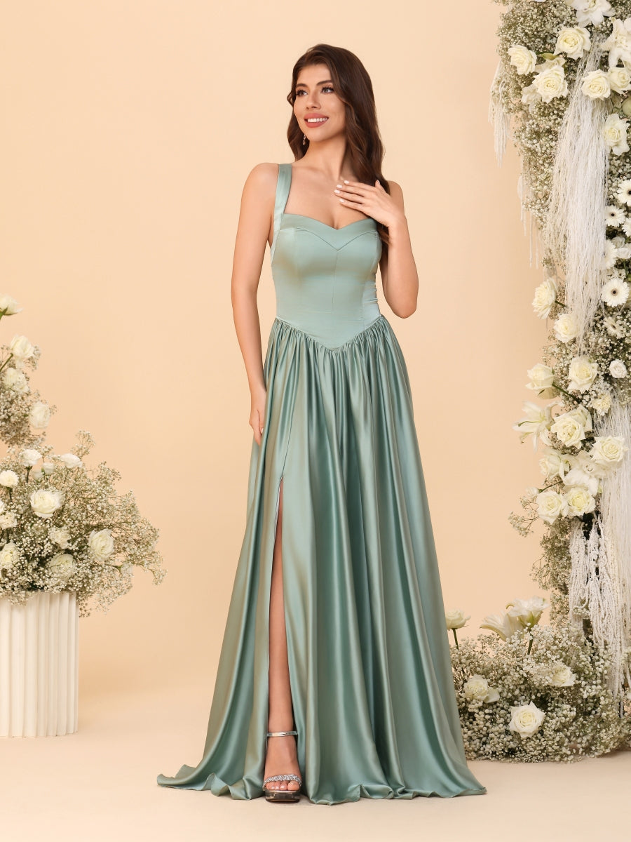 A-Line/Princess V-Neck Sleeveless Long Bridesmaid Dresses with Side Slit &amp; Pleats