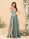 A-Line/Princess V-Neck Sleeveless Long Bridesmaid Dresses with Side Slit & Pleats